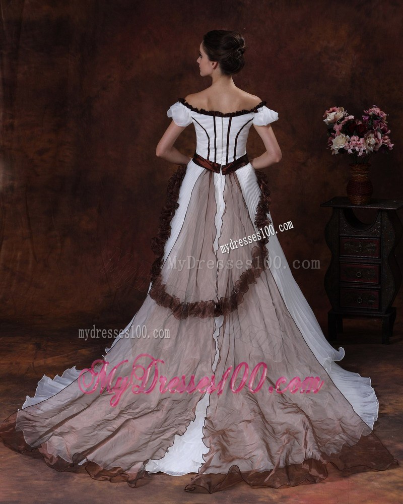 White and Brown Flowers Decorated Off The Shoulder Wedding Dress with Ruche