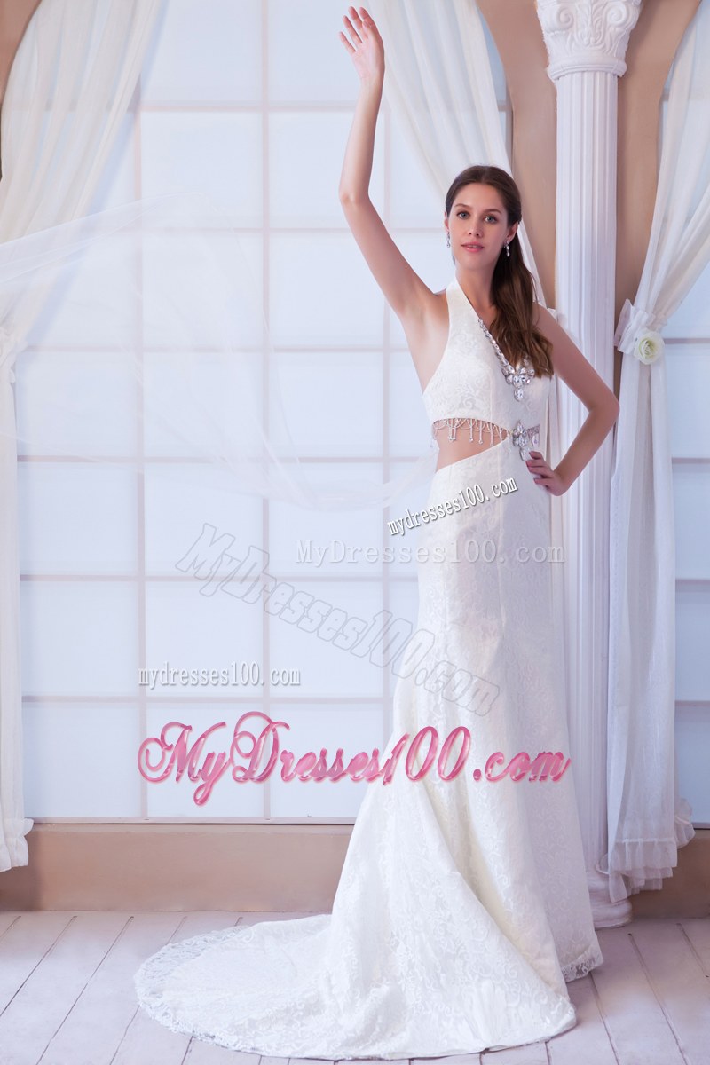 Halter Top Beaded White Wedding Dress with Cut Out Waist Court Train
