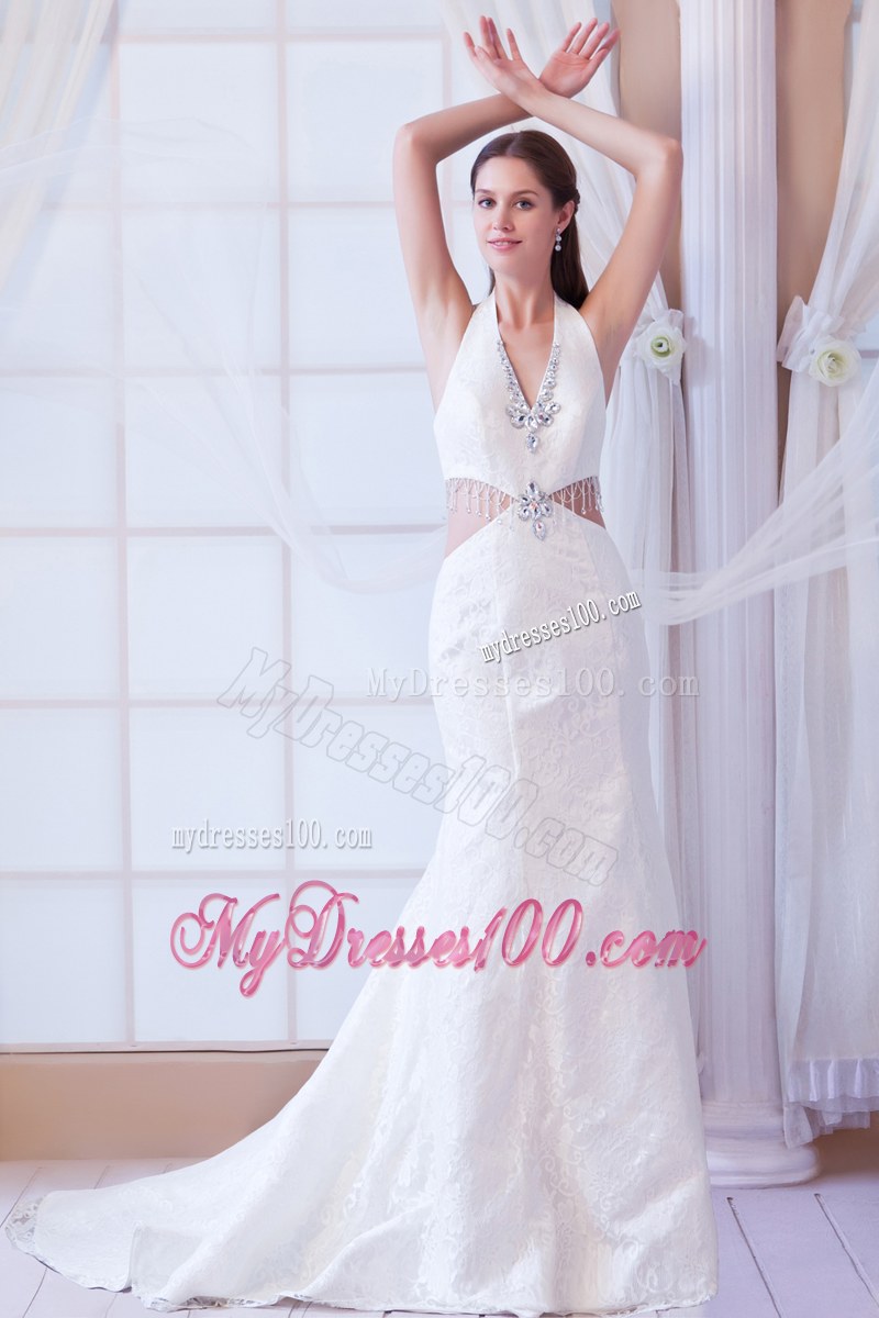 Halter Top Beaded White Wedding Dress with Cut Out Waist Court Train