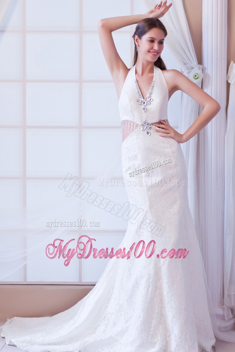 Halter Top Beaded White Wedding Dress with Cut Out Waist Court Train