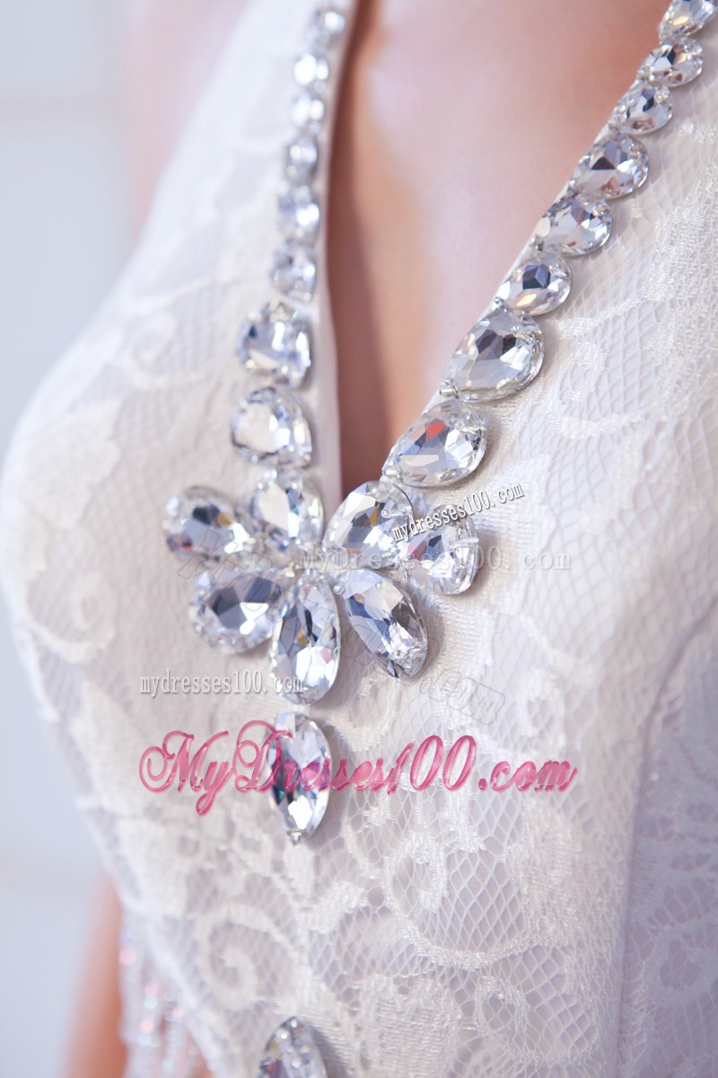 Halter Top Beaded White Wedding Dress with Cut Out Waist Court Train