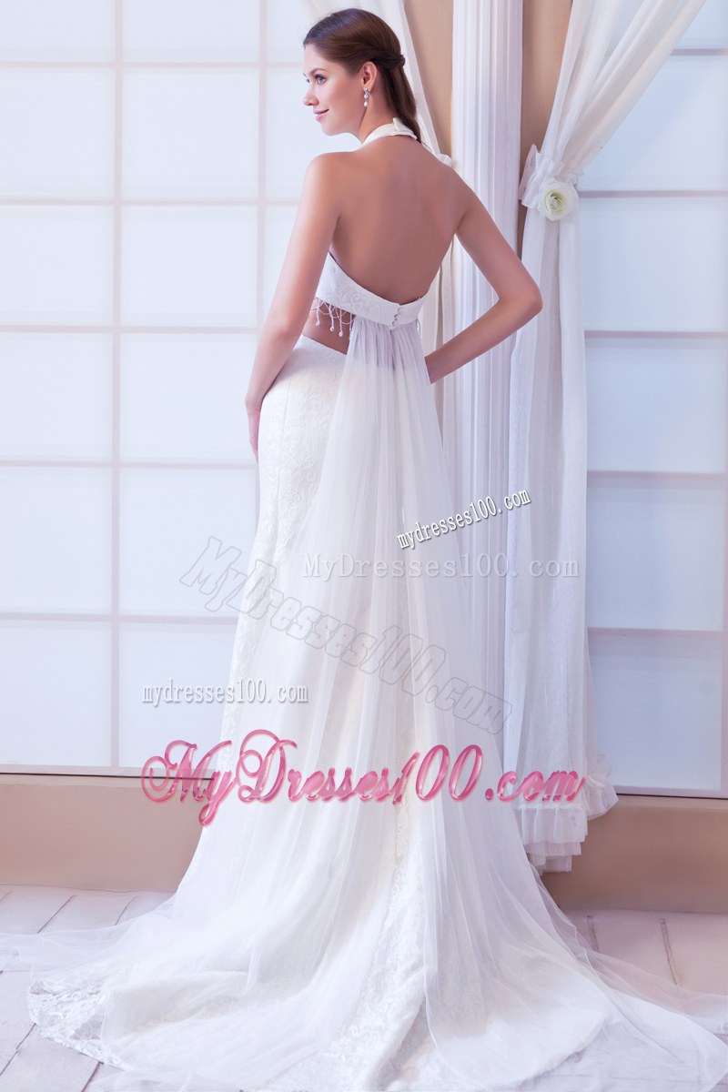 Halter Top Beaded White Wedding Dress with Cut Out Waist Court Train
