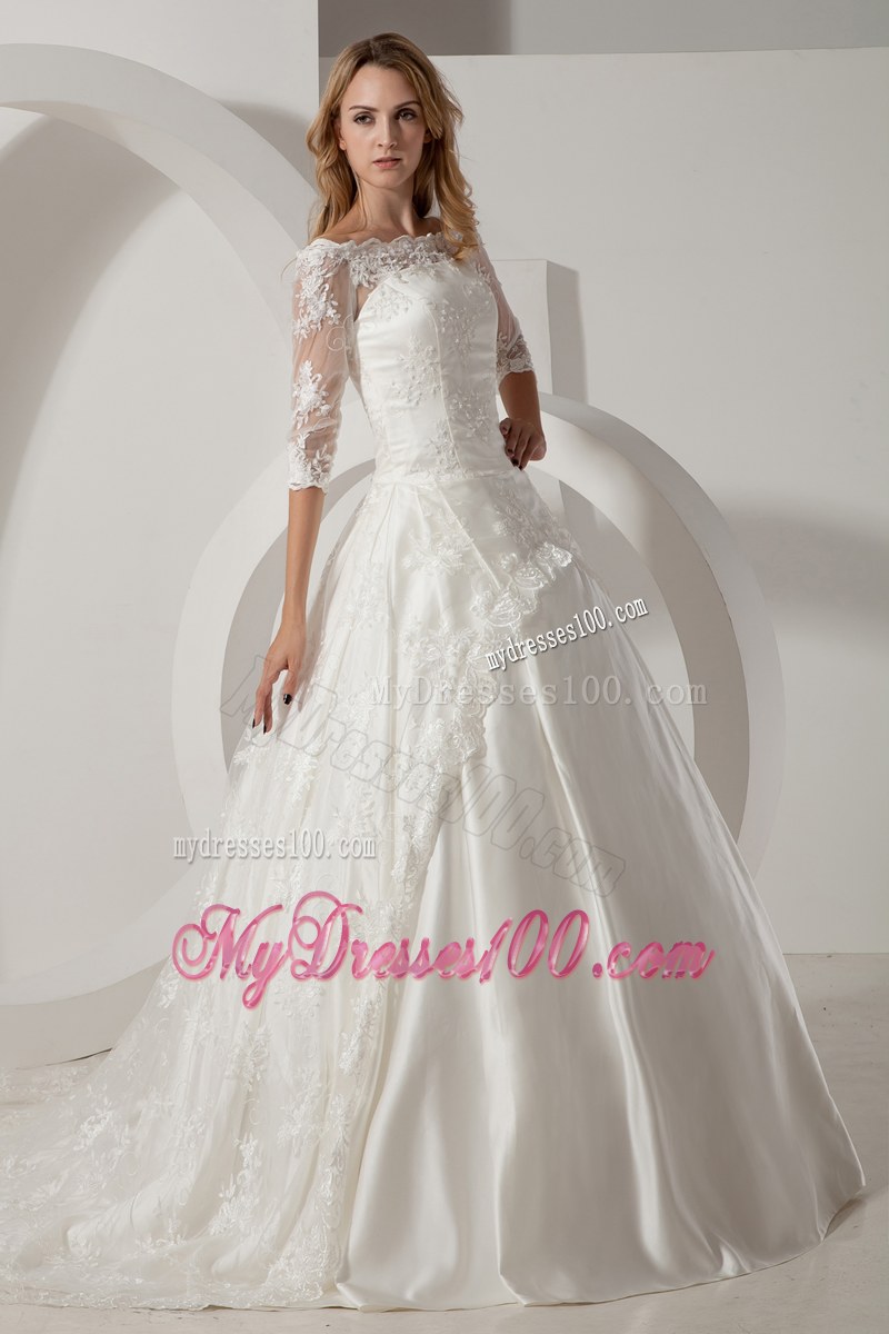 Unique Half Sleeve Lace White Wedding Bridal Gown Off-the-shoulder
