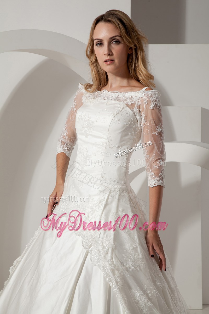 Unique Half Sleeve Lace White Wedding Bridal Gown Off-the-shoulder