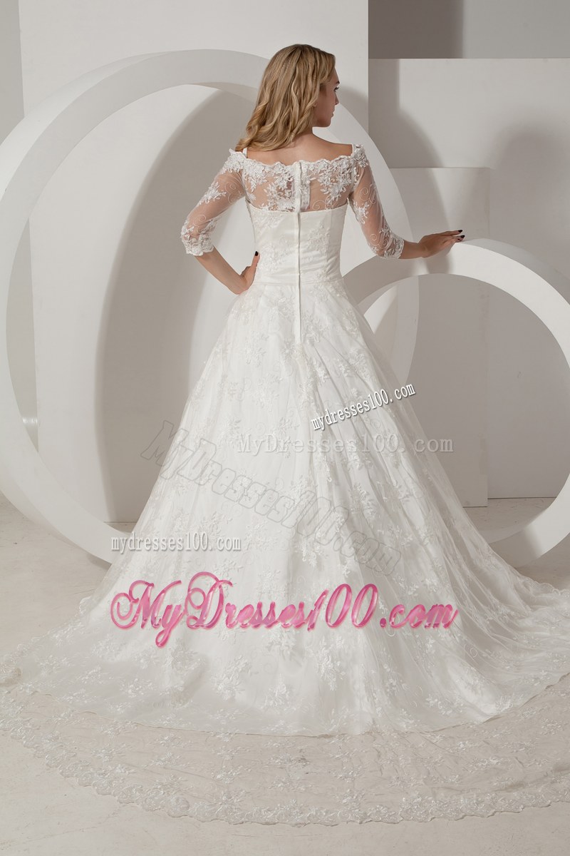 Unique Half Sleeve Lace White Wedding Bridal Gown Off-the-shoulder