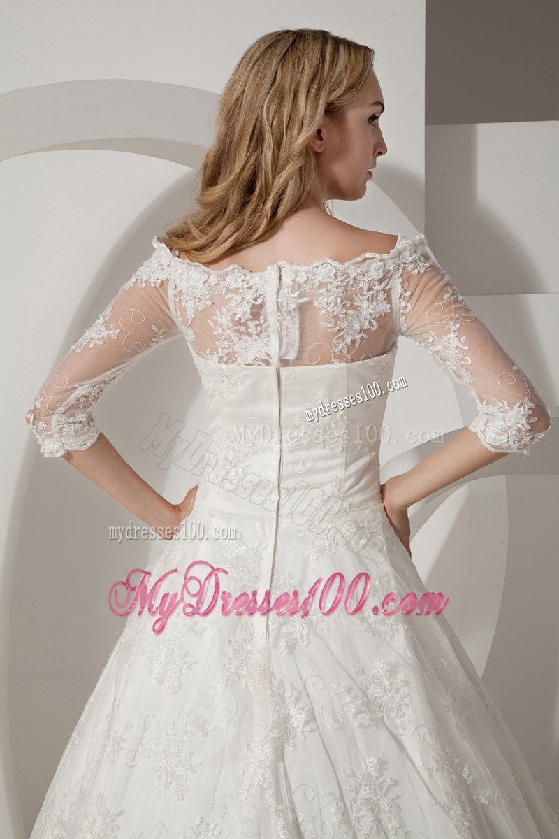 Unique Half Sleeve Lace White Wedding Bridal Gown Off-the-shoulder