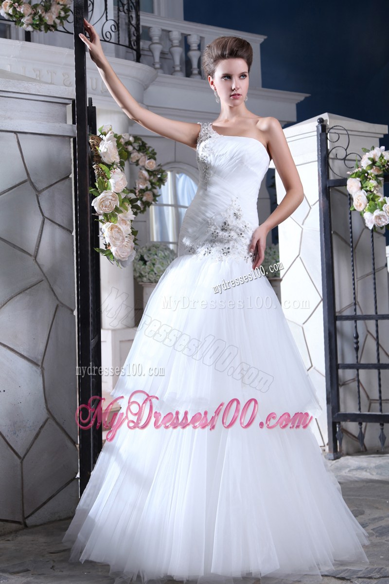 Pretty Ruffles Beaded One Shoulder Floor Length White Wedding Dress