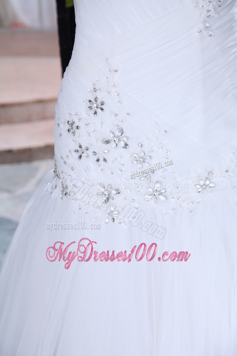 Pretty Ruffles Beaded One Shoulder Floor Length White Wedding Dress