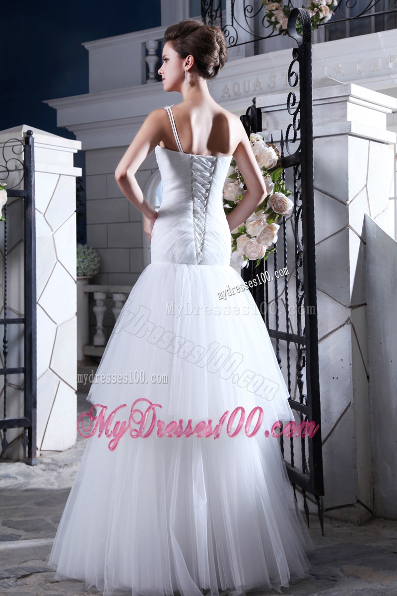 Pretty Ruffles Beaded One Shoulder Floor Length White Wedding Dress