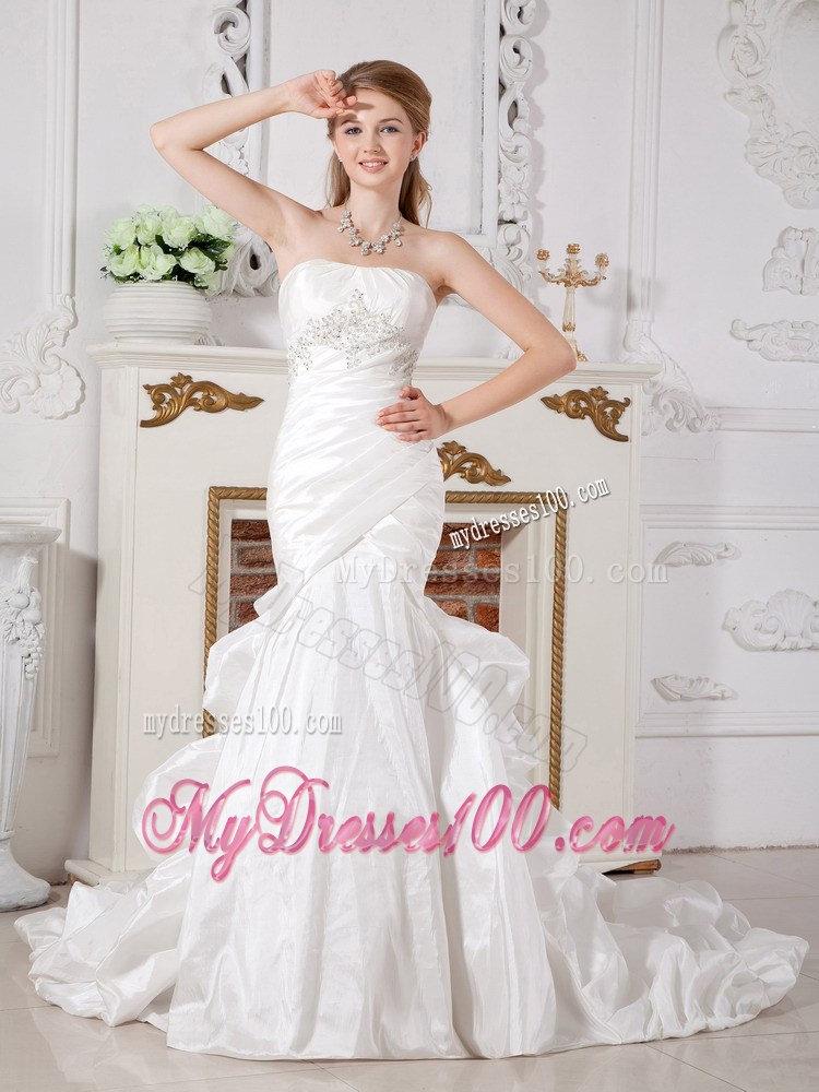 Mermaid Strapless Court Train Wedding Dress with Appliques and Pick-ups