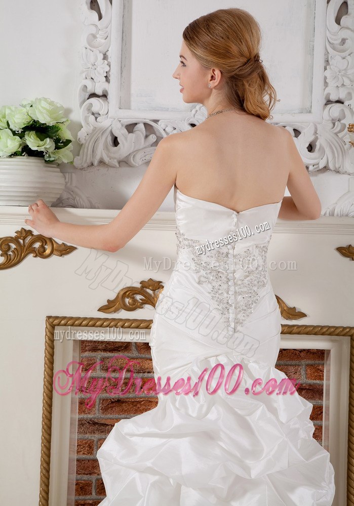 Mermaid Strapless Court Train Wedding Dress with Appliques and Pick-ups
