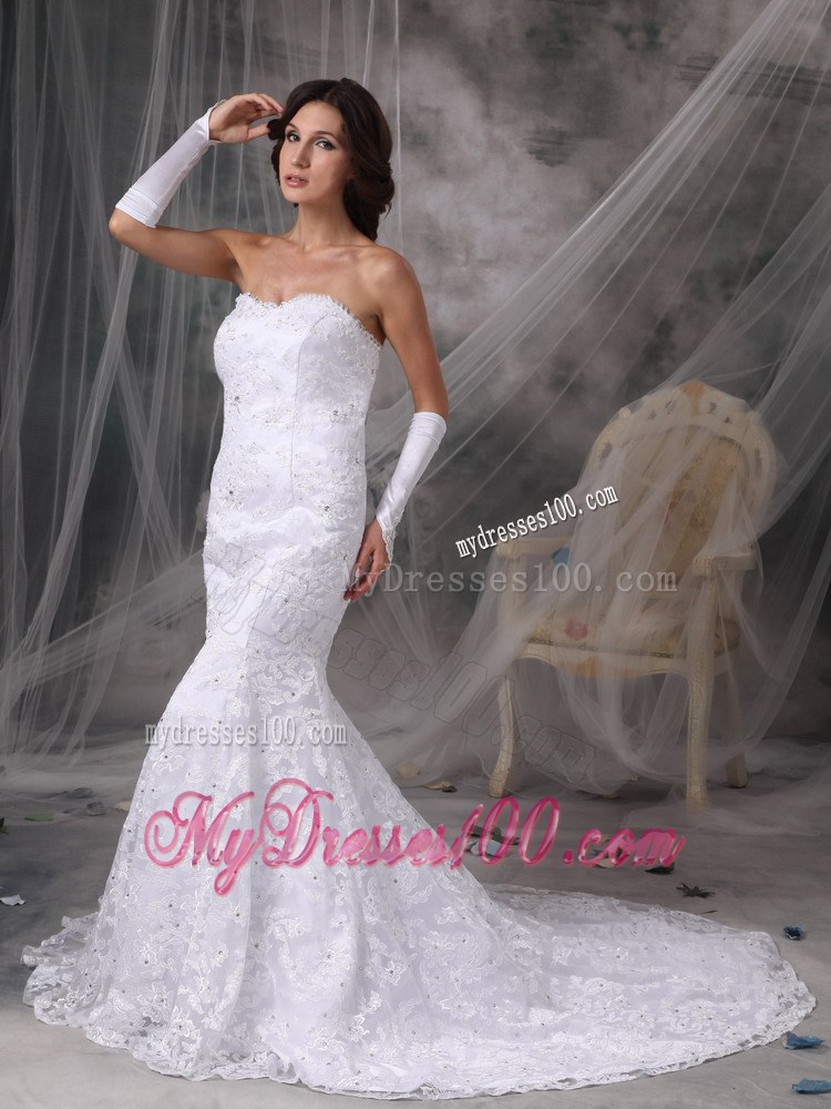 Chapel Train Mermaid Lace Appliques White Wedding Dress Strapless