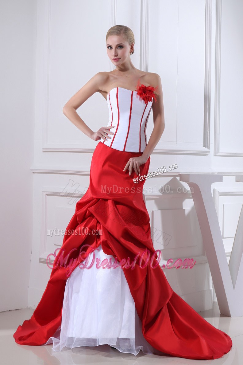 Red and White Bridal Gown with Feather Flowers Pick-ups and Court Train