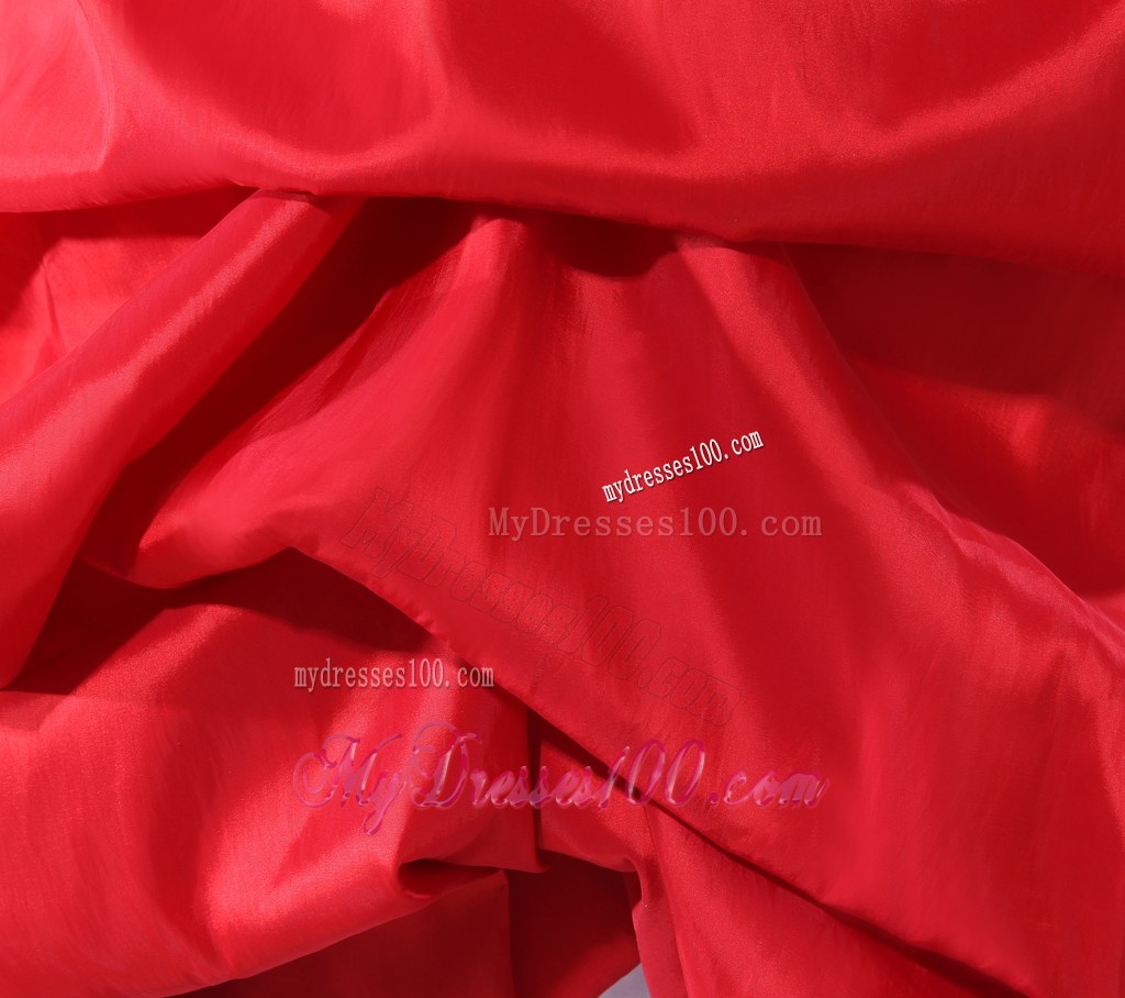 Red and White Bridal Gown with Feather Flowers Pick-ups and Court Train