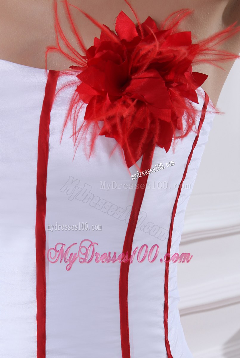 Red and White Bridal Gown with Feather Flowers Pick-ups and Court Train