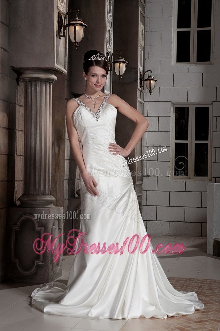 Jewelry V-neck Ruching Brush Train Back Out Bridal Gown For Woman