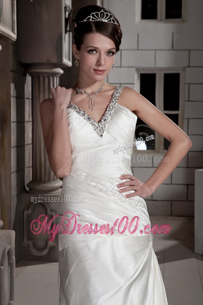 Jewelry V-neck Ruching Brush Train Back Out Bridal Gown For Woman