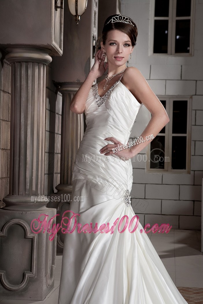 Jewelry V-neck Ruching Brush Train Back Out Bridal Gown For Woman