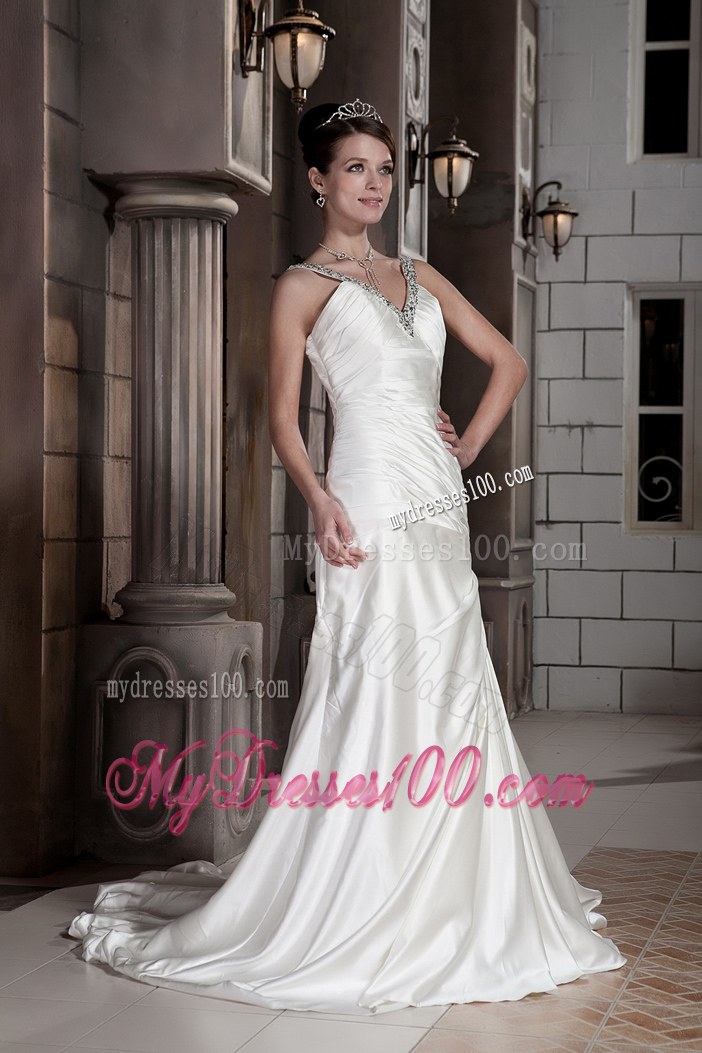 Jewelry V-neck Ruching Brush Train Back Out Bridal Gown For Woman