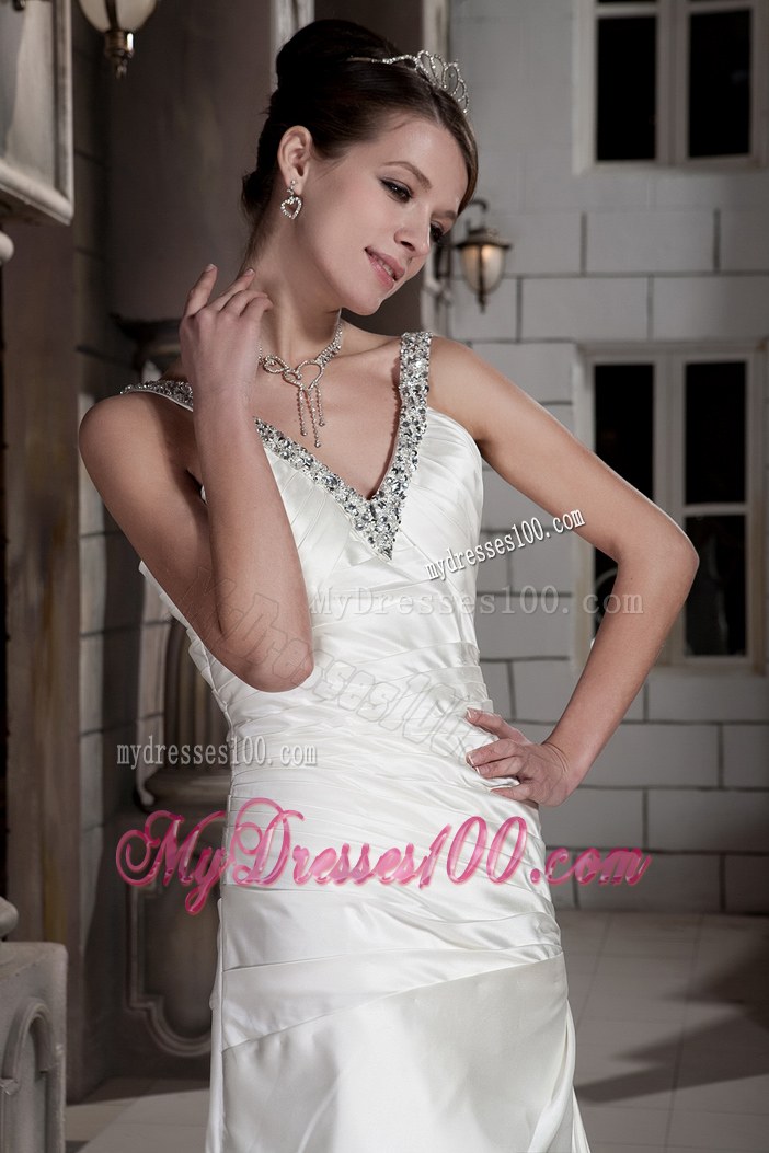 Jewelry V-neck Ruching Brush Train Back Out Bridal Gown For Woman