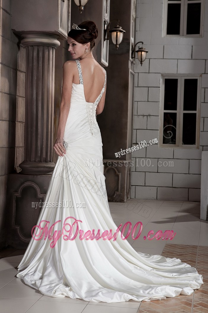 Jewelry V-neck Ruching Brush Train Back Out Bridal Gown For Woman