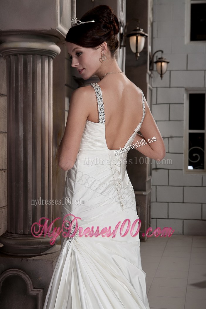 Jewelry V-neck Ruching Brush Train Back Out Bridal Gown For Woman