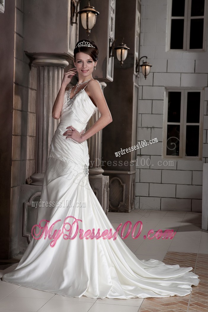 Jewelry V-neck Ruching Brush Train Back Out Bridal Gown For Woman
