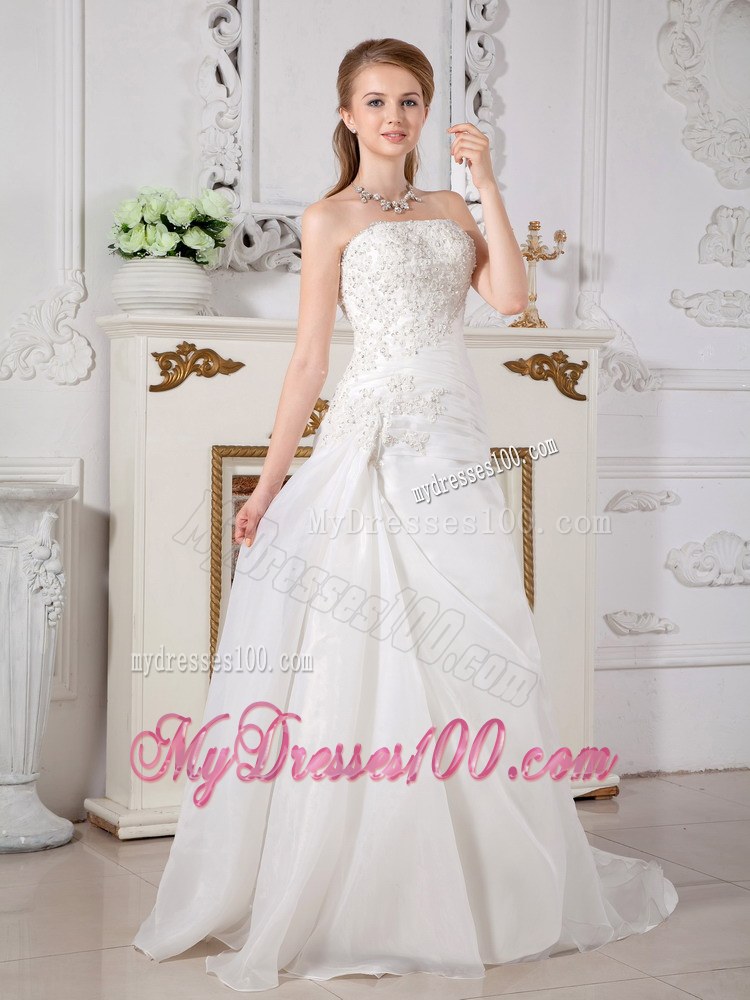 Strapless A-line Court Train Bridal Dresses for Wedding with Beading