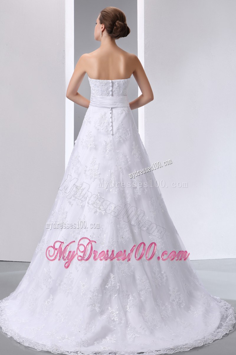 Button Down Back Lace Flowers Wedding Gowns with Bowknot and Brush Train