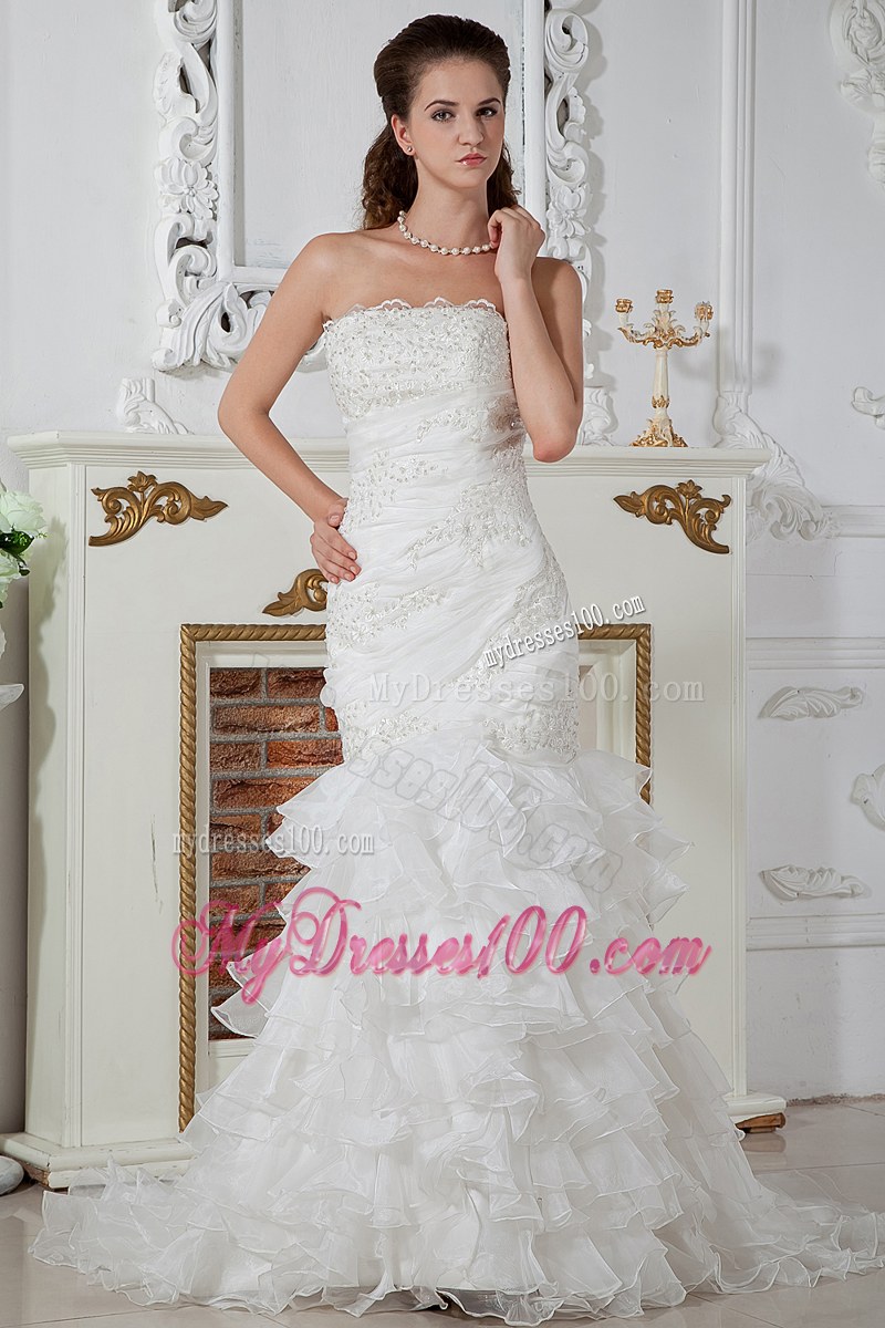 Ruffle Layers Strapless White Dress for Wedding Mermaid Court Train