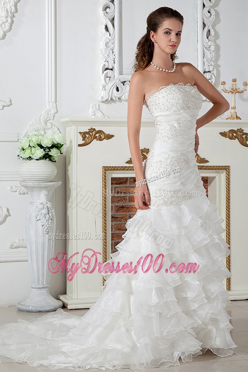 Ruffle Layers Strapless White Dress for Wedding Mermaid Court Train