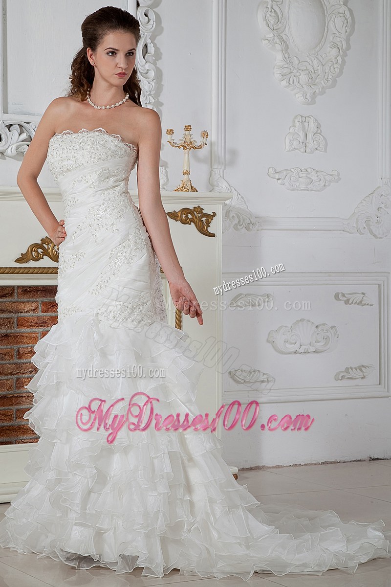 Ruffle Layers Strapless White Dress for Wedding Mermaid Court Train