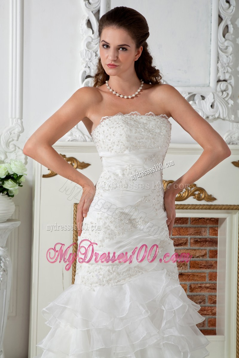 Ruffle Layers Strapless White Dress for Wedding Mermaid Court Train