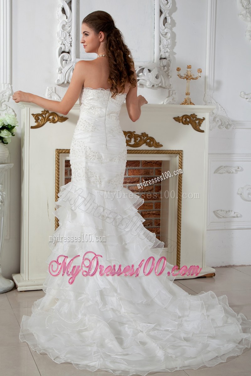 Ruffle Layers Strapless White Dress for Wedding Mermaid Court Train
