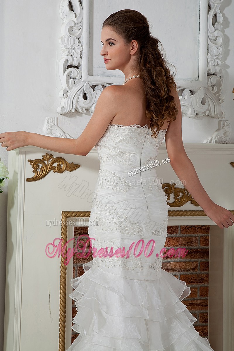 Ruffle Layers Strapless White Dress for Wedding Mermaid Court Train