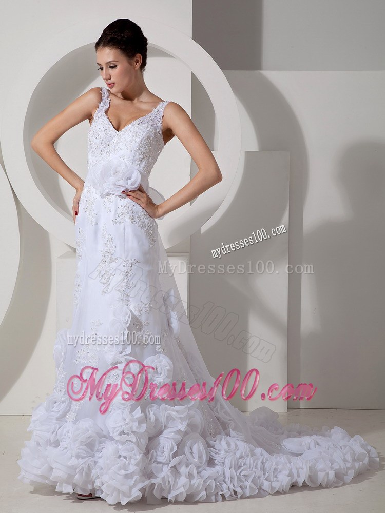 Straps V-neck Beaded Bridal Dresses for Wedding with Rolling Flowers