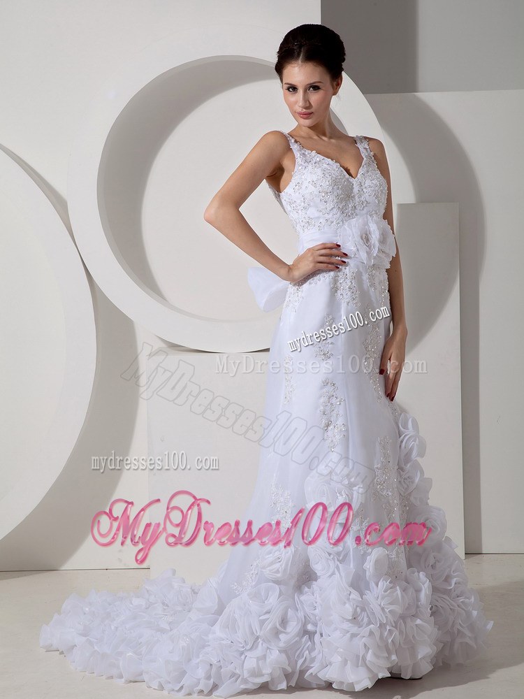 Straps V-neck Beaded Bridal Dresses for Wedding with Rolling Flowers
