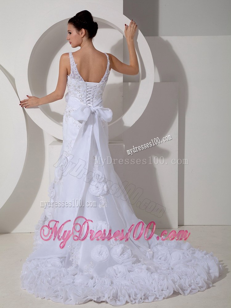 Straps V-neck Beaded Bridal Dresses for Wedding with Rolling Flowers