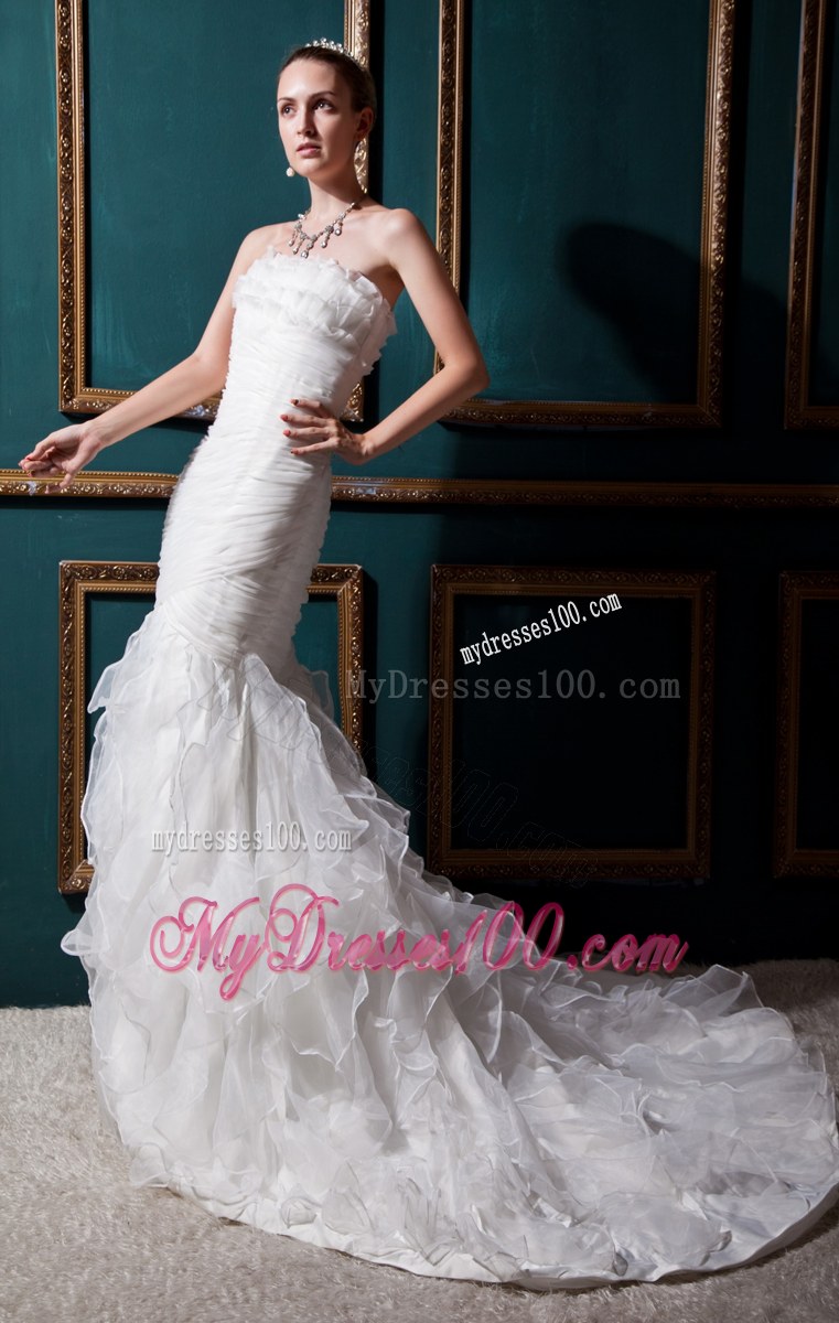 Mermaid Strapless Chapel Train Ruche Wedding Dress in White