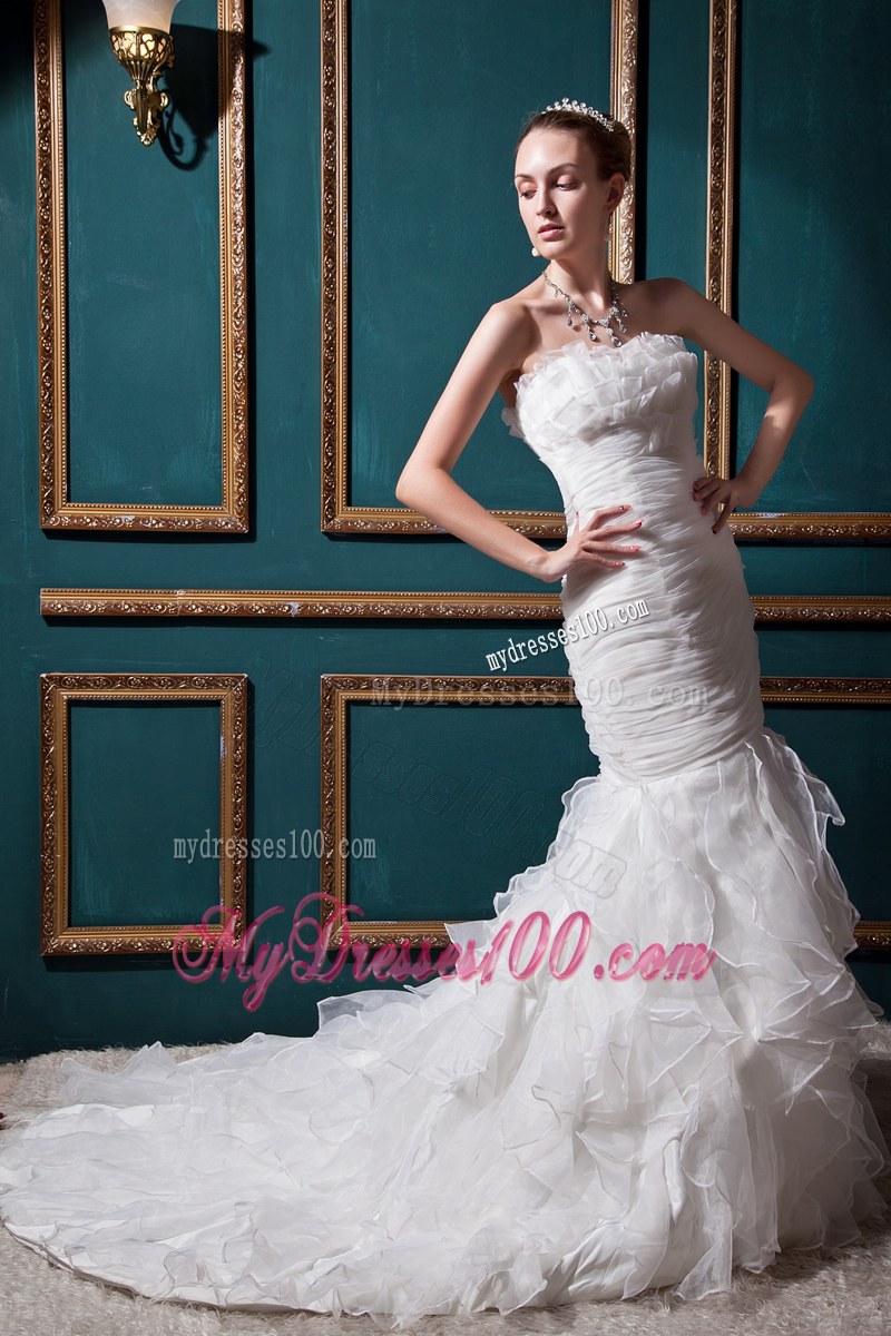 Mermaid Strapless Chapel Train Ruche Wedding Dress in White