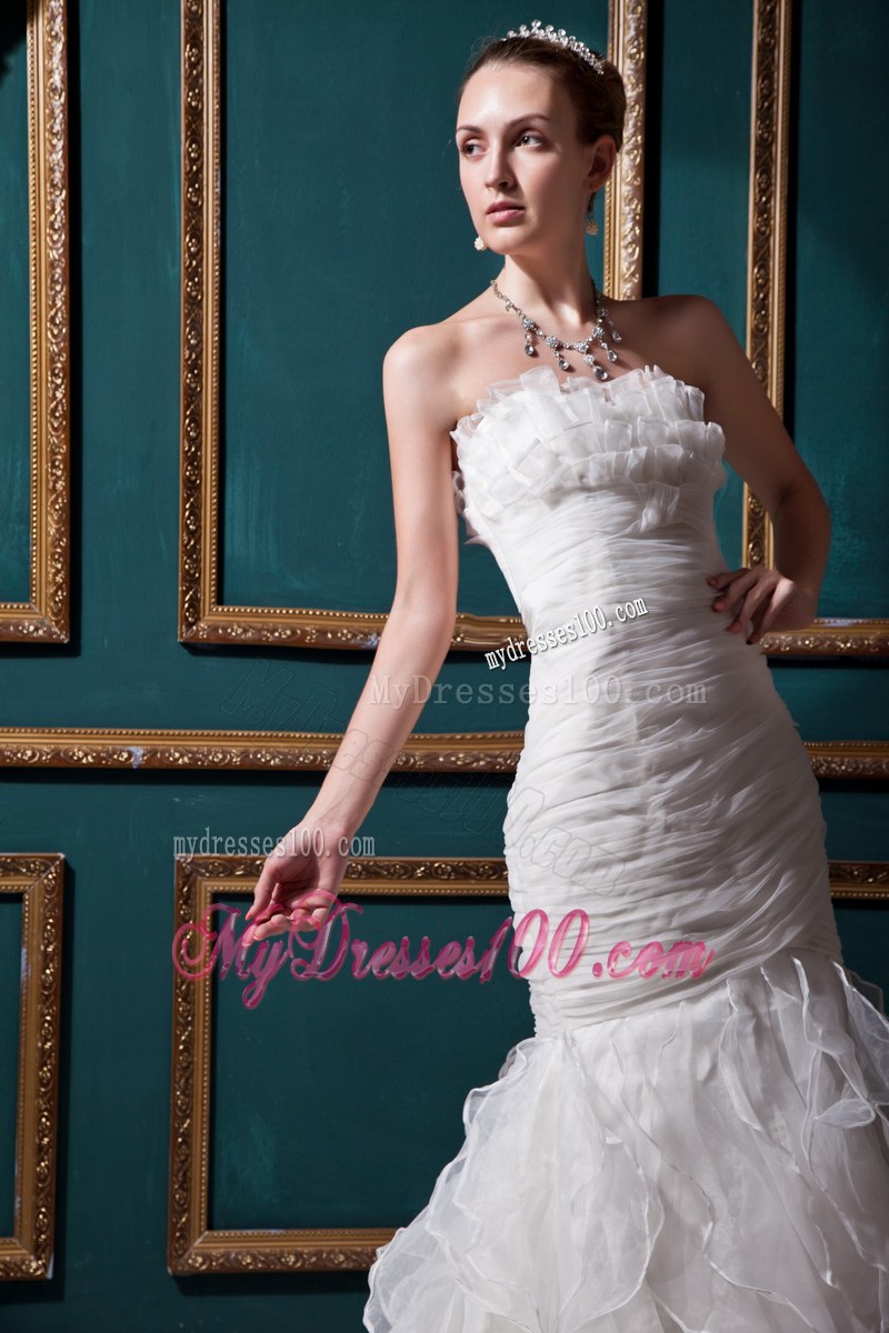 Mermaid Strapless Chapel Train Ruche Wedding Dress in White