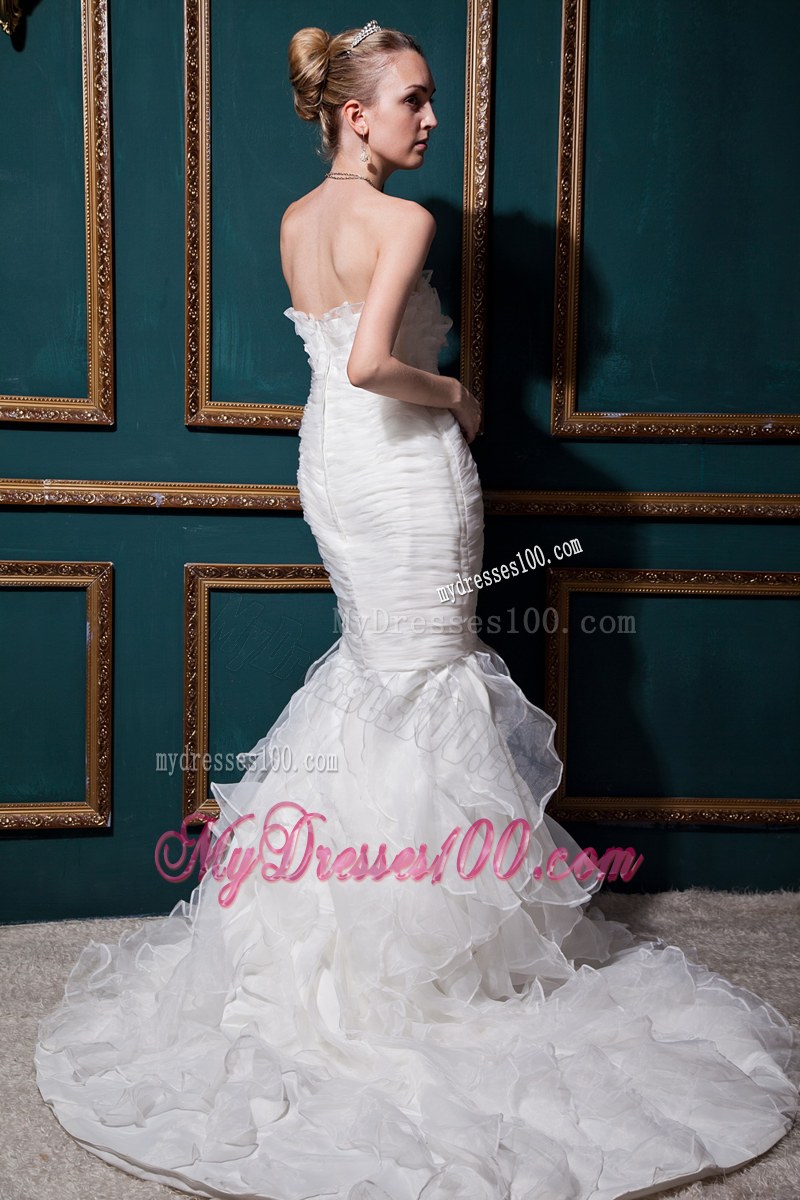 Mermaid Strapless Chapel Train Ruche Wedding Dress in White
