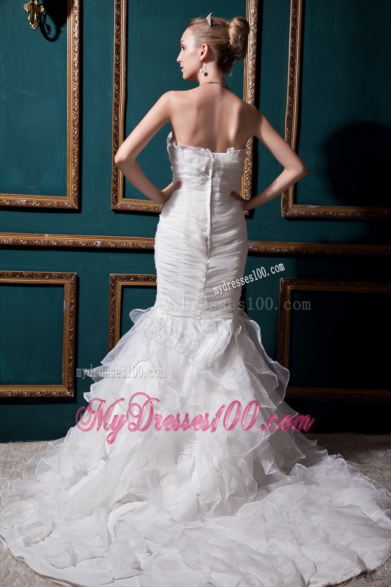 Mermaid Strapless Chapel Train Ruche Wedding Dress in White