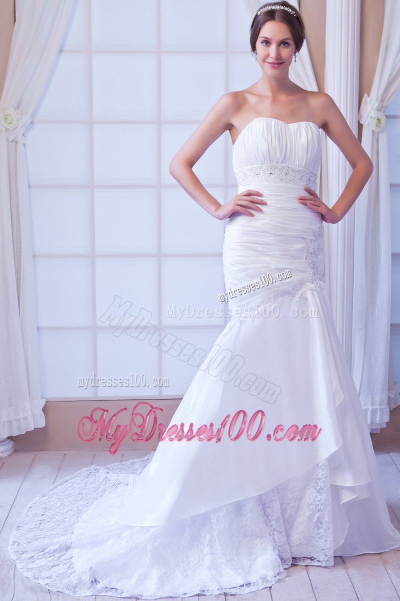Strapless Ruche White Dress for Wedding with Lace Hem Court Train