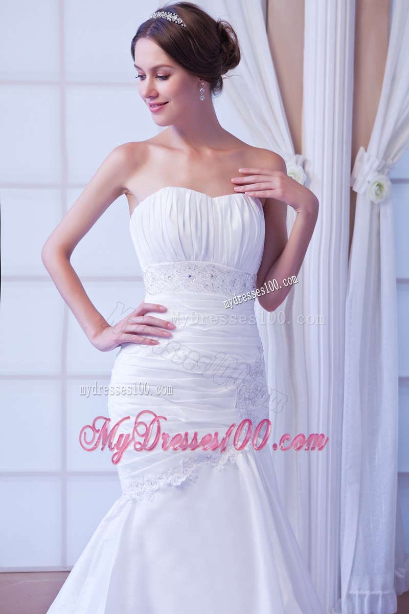 Strapless Ruche White Dress for Wedding with Lace Hem Court Train