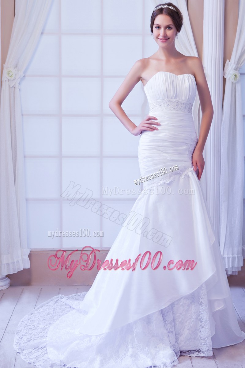 Strapless Ruche White Dress for Wedding with Lace Hem Court Train