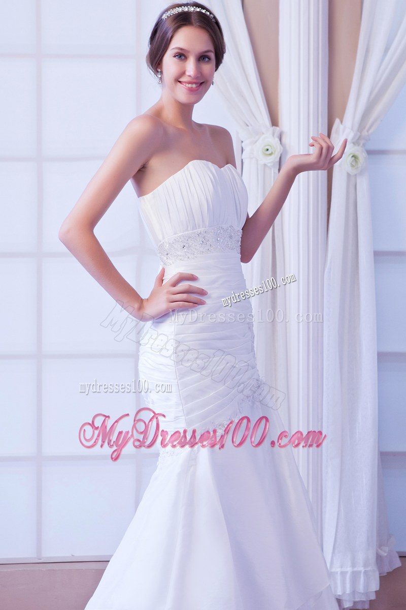 Strapless Ruche White Dress for Wedding with Lace Hem Court Train