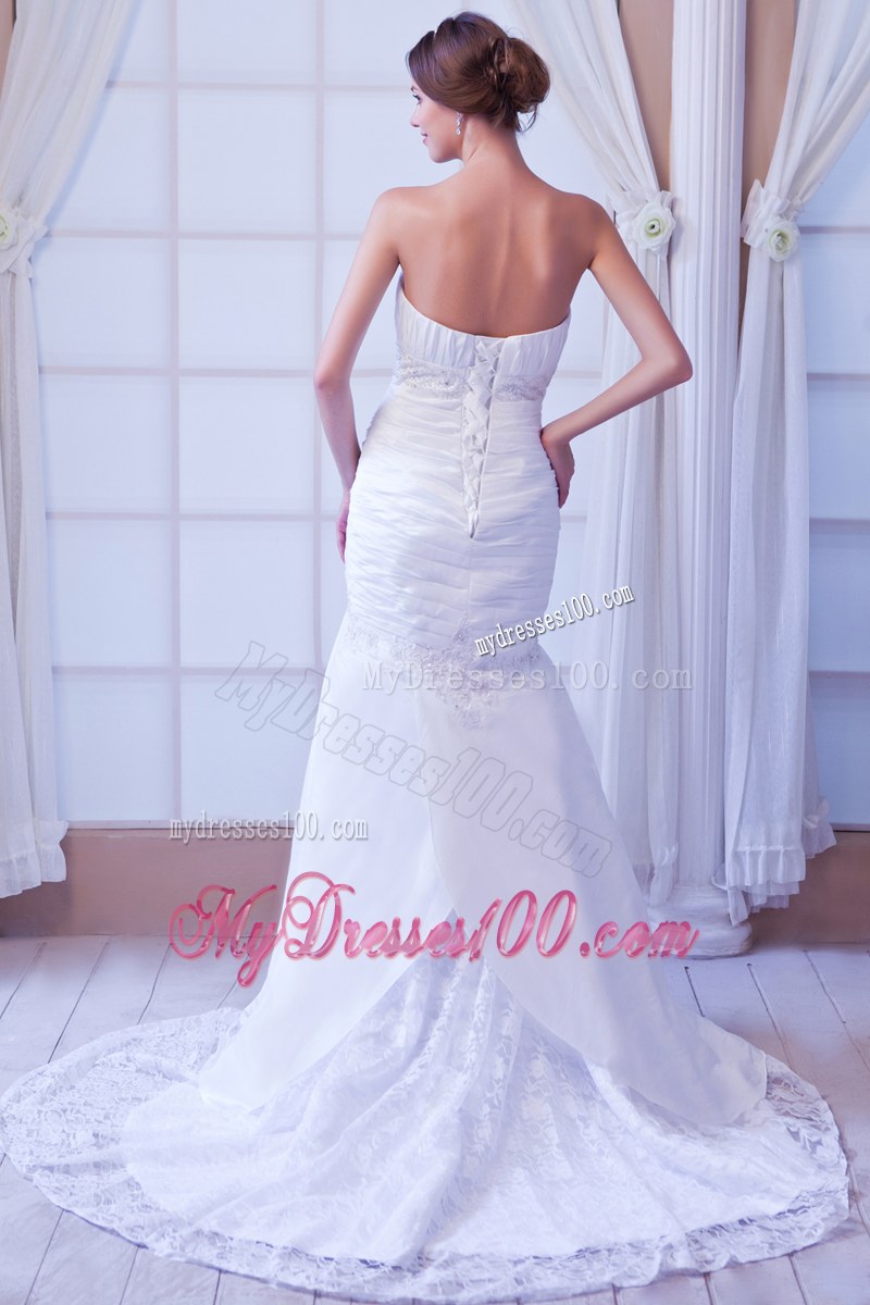 Strapless Ruche White Dress for Wedding with Lace Hem Court Train