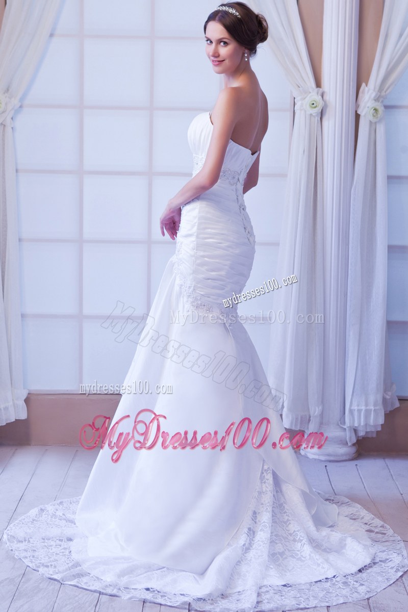Strapless Ruche White Dress for Wedding with Lace Hem Court Train