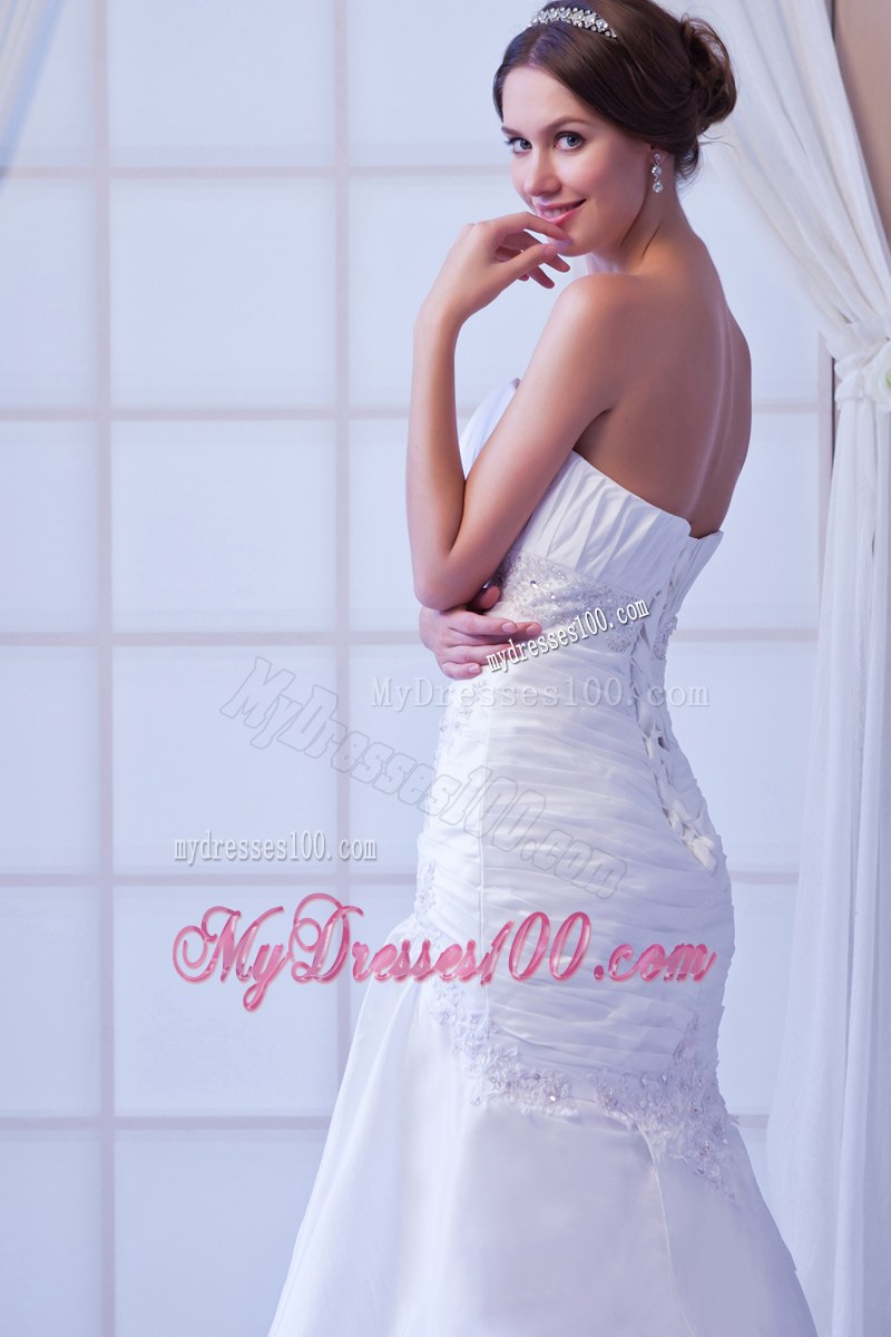 Strapless Ruche White Dress for Wedding with Lace Hem Court Train